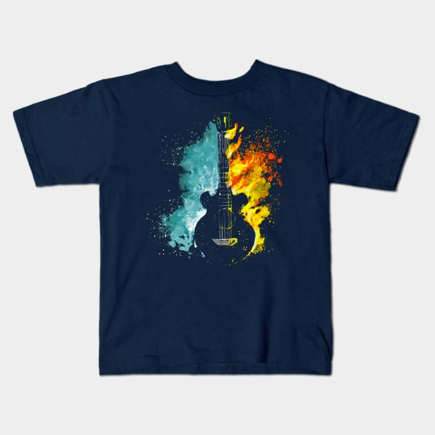 guitar silhouette with water and fire Kids T-Shirt by mehdime